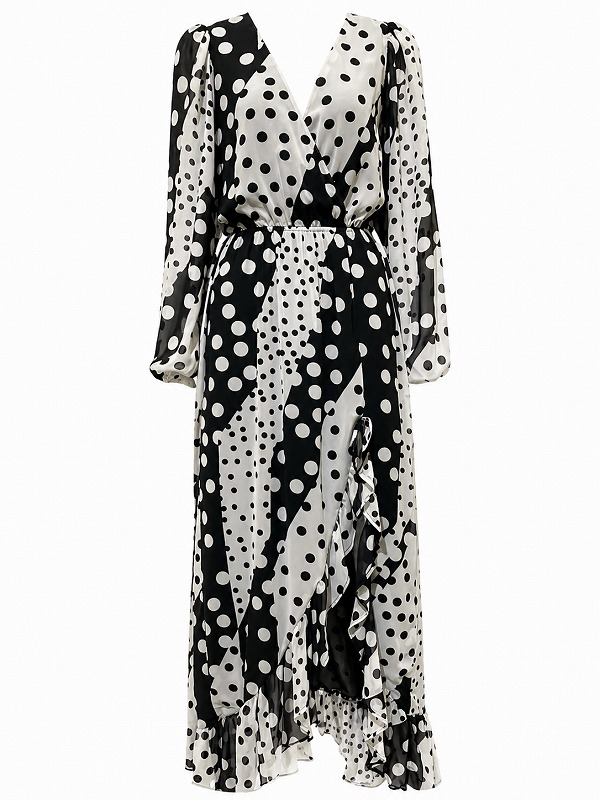 【新品DRESS 956】ドットミックスパターンモノトーンフレアロングドレス ブラック【INTHESTYLE】